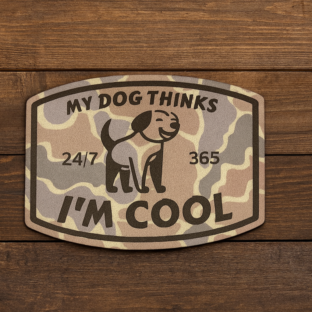 Camouflage leatherette patch with a dog illustration