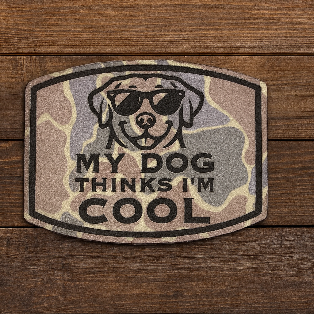 Patch with a dog wearing sunglasses and text 'My dog thinks I'm cool'.