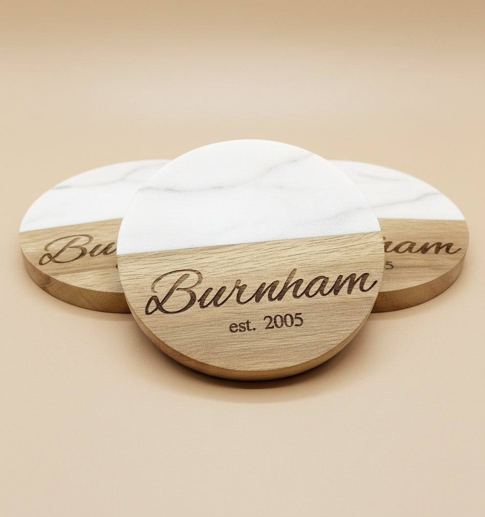 Family Est. Marble & Acacia Wood Coastes| Set of 4