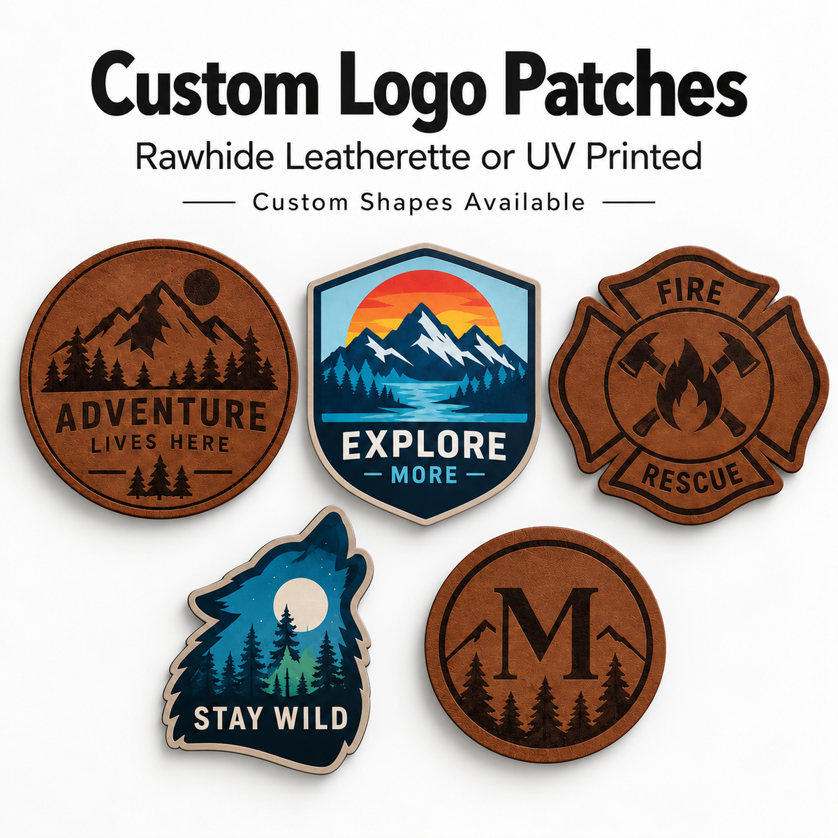 Custom logo patches in rawhide leatherette and UV printed custom shapes