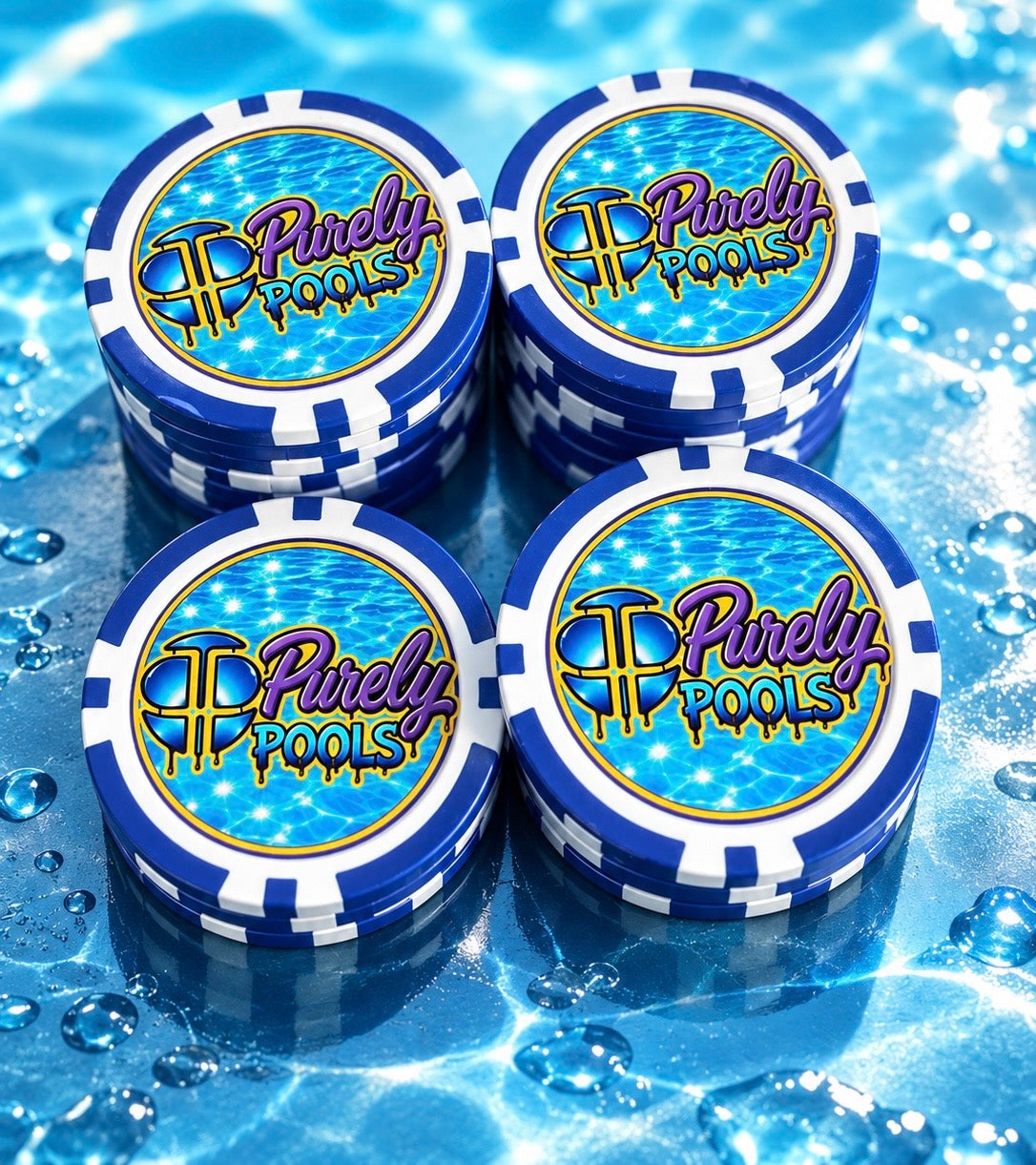 Example of blue custom double-sided Purely Pools poker chips on a sparkling swimming pool background