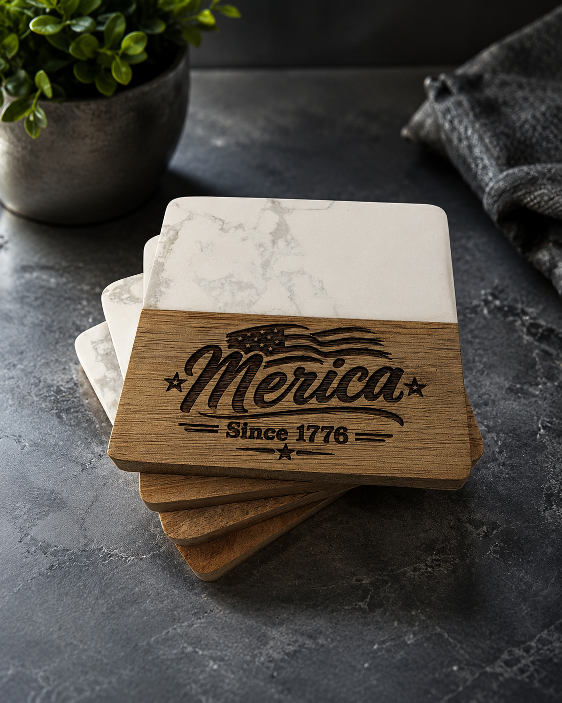 ’Merica Since 1776 Engraved Coaster Set | Set of 4 Patriotic Wooden Coasters | American Flag Drink Coasters