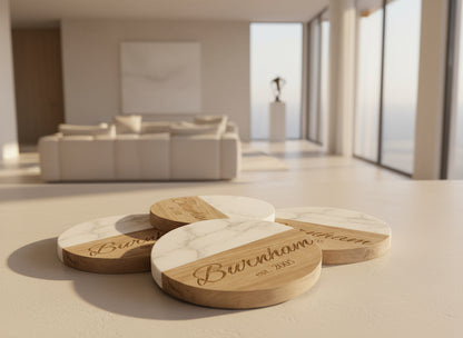 Marble & Acacia Wood Coaster Set | Set of 4 – Stylish Natural Home Décor