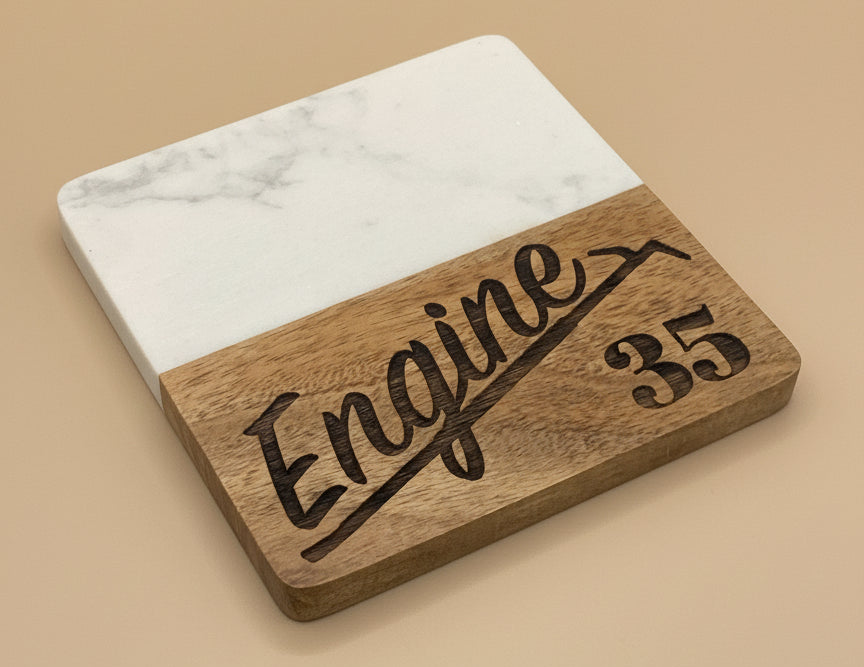 Fire Department Personalized Coaster | Custom Acacia Wood & Marble Firefighter Gift by Bad Ash Creatives