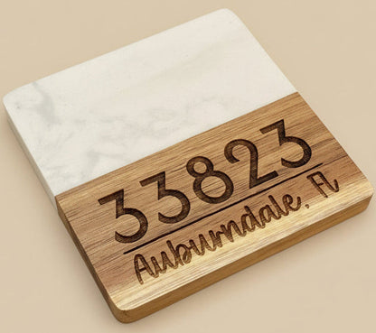 Custom Zip Code & City Engraved Marble & Acacia Wood Coaster Set – Personalized (Set of 4)