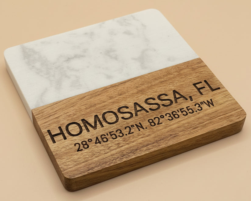 Personalized Coordinates Marble & Acacia Coaster Set (4-Pack)
