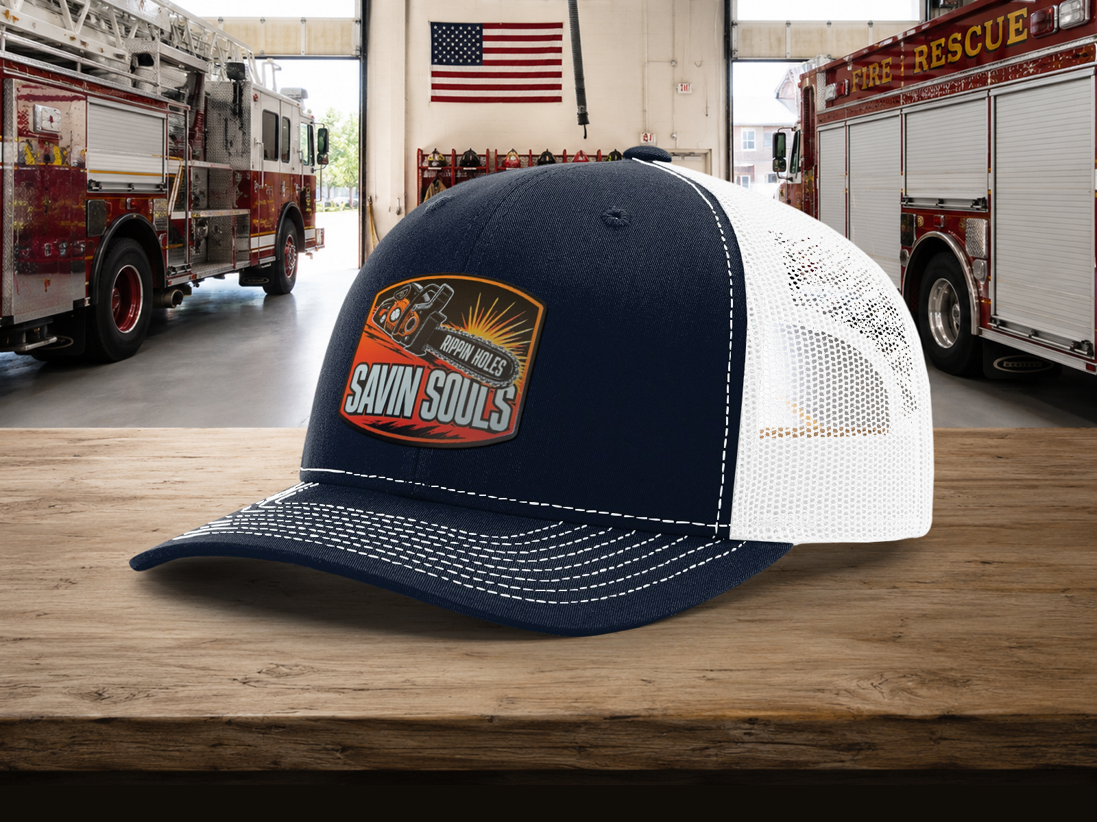 Rippin’ Holes, Savin’ Souls Firefighter Hat | Textured UV Printed Patch on Richardson 112 Trucker Cap