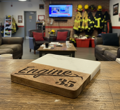 Fire Department Personalized Coaster | Custom Acacia Wood & Marble Firefighter Gift by Bad Ash Creatives
