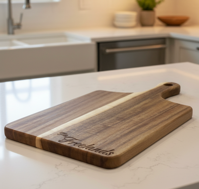 Personalized Family Name Acacia Wood Cutting Board 7×13 | Custom Engraved Serving & Charcuterie Board by Bad Ash Creatives
