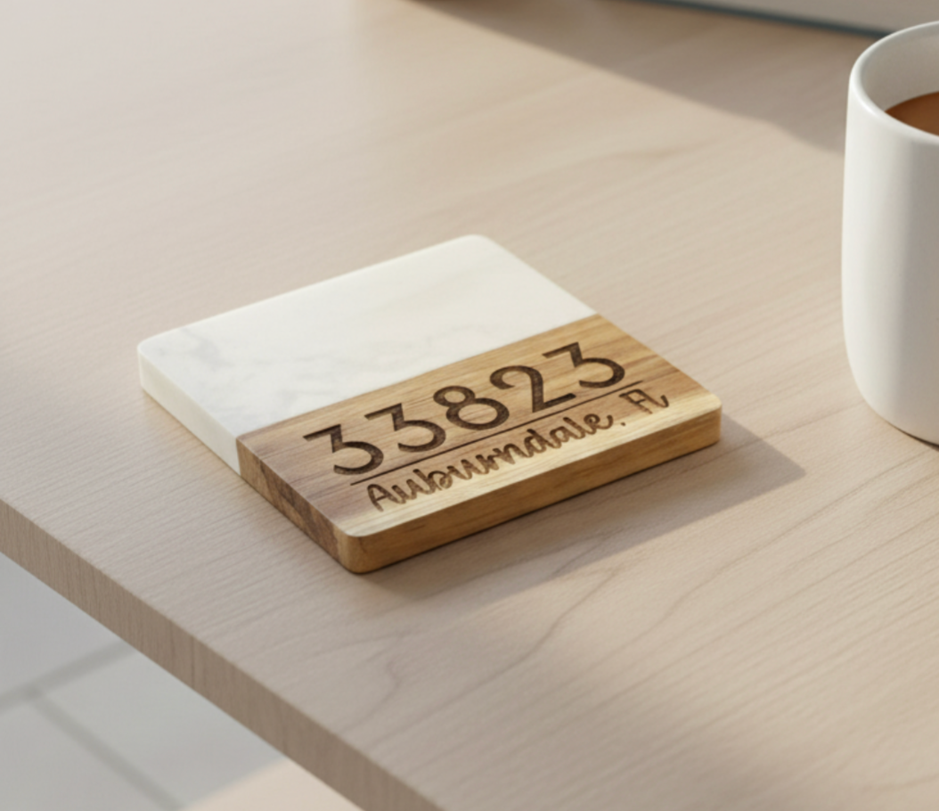 Custom Zip Code & City Engraved Marble & Acacia Wood Coaster Set – Personalized (Set of 4)