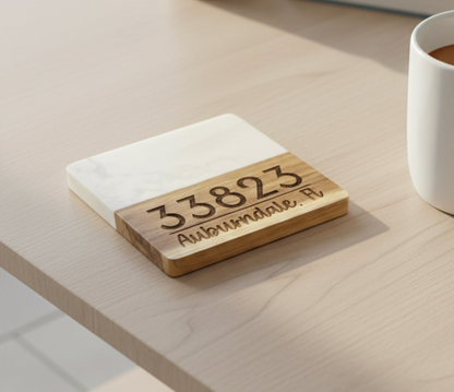 Custom Zip Code & City Engraved Marble & Acacia Wood Coaster Set – Personalized (Set of 4)