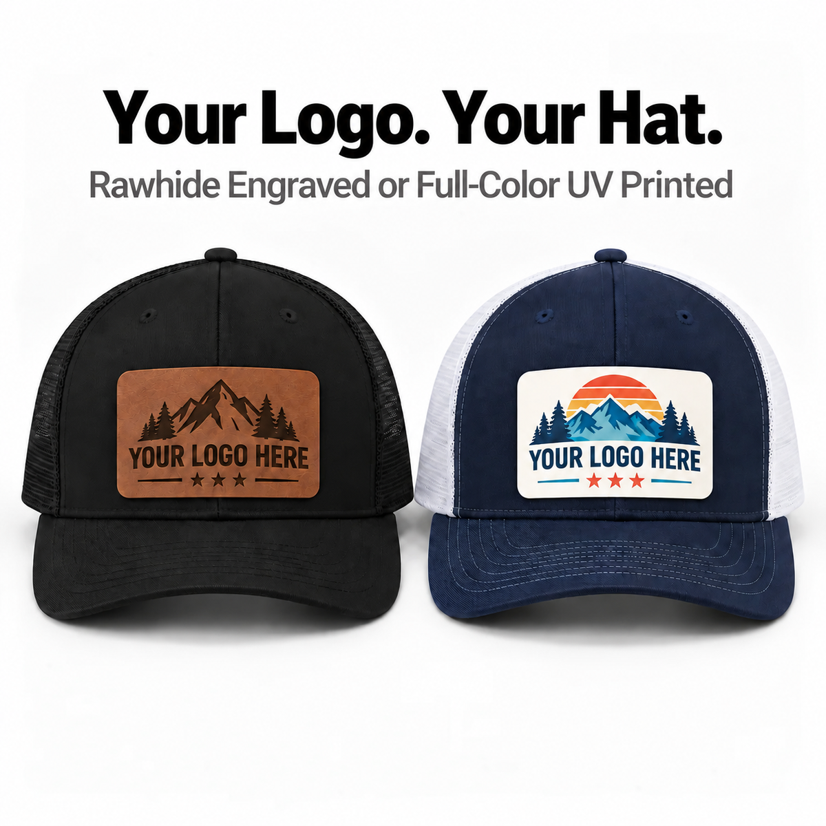 Custom Richardson 112 patch hats with rawhide engraved leatherette and full-color UV printed patch options