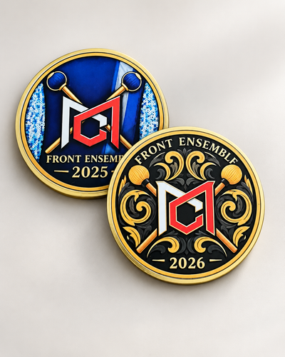 2025 and 2026 Front Ensemble custom challenge coins, gold finish, on neutral background