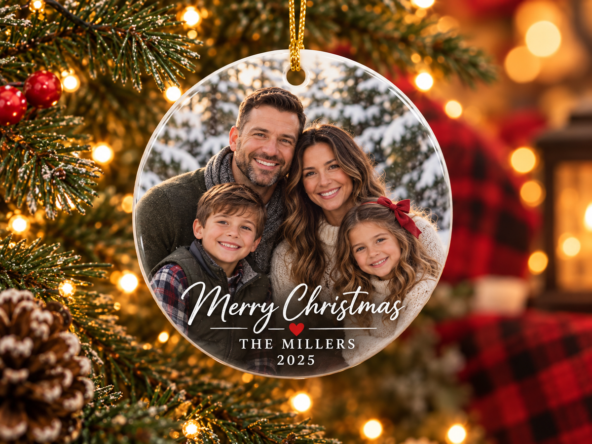 Personalized family photo ceramic Christmas ornament with family name and year
